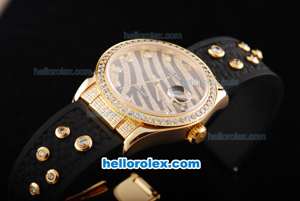 Rolex Datejust Automatic Movement Rose Gold ETA Case with Black&Diamond Dial Diamond Marker and Diamond Bezel-Black Rubber Strap - Click Image to Close